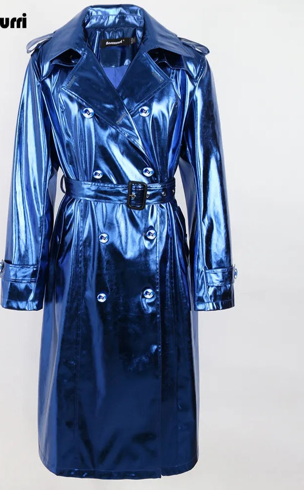 Metallic Reflective Shiny Patent Leather Sashes Double Breasted Trench Coat