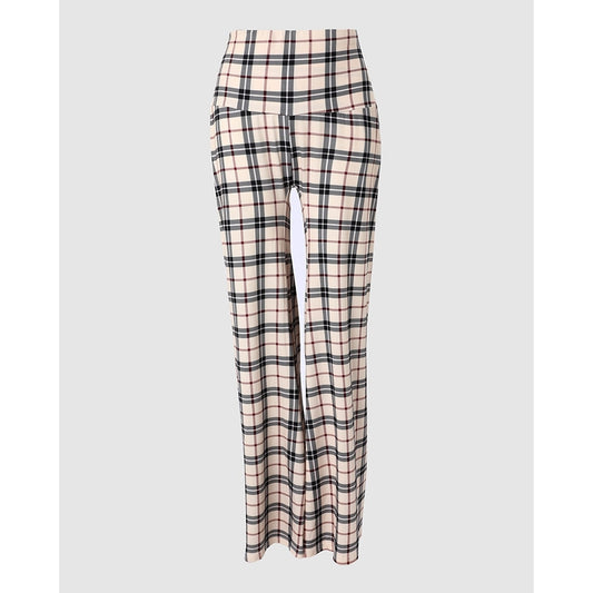 Plaid Print Wide Leg Ladies Trouser Pants