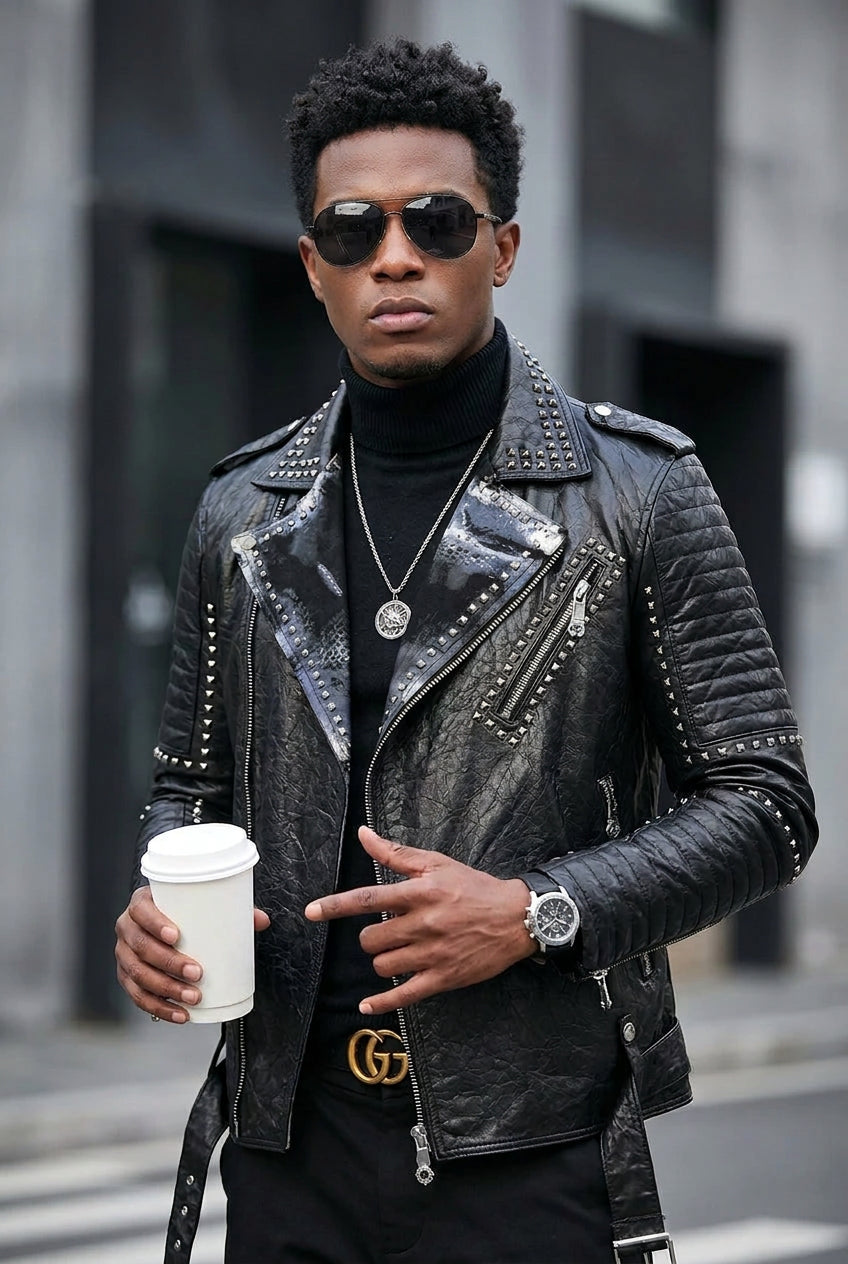 Men's Black Punk Hip-Hop 100% Cowhide Real Leather Rivet Back Airbrush Design Biker Jacket