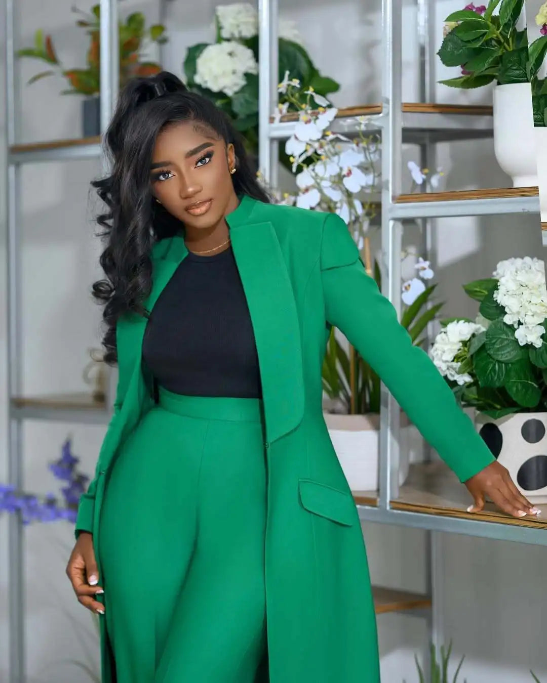 Notched Collar Solid Color Pocketed Maxi Trench Blazer + Pants Women's Office/Formal Party Suit