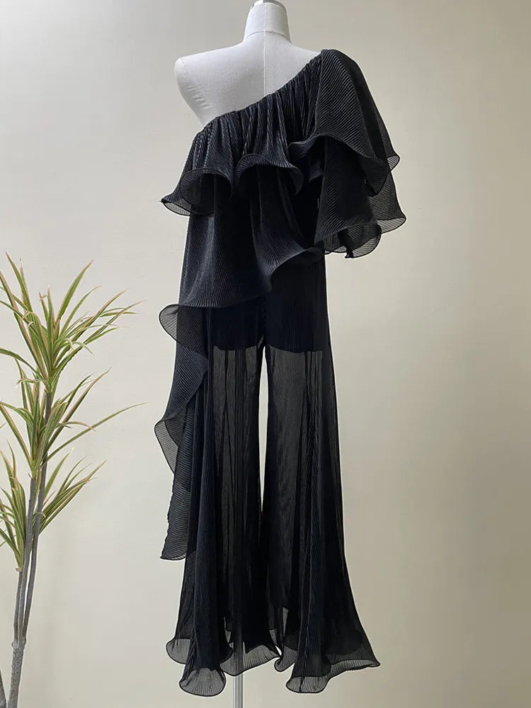 Ruffled Skew Collar Off Shoulder Shirt + High Waist Loose Pants 2-Piece Set