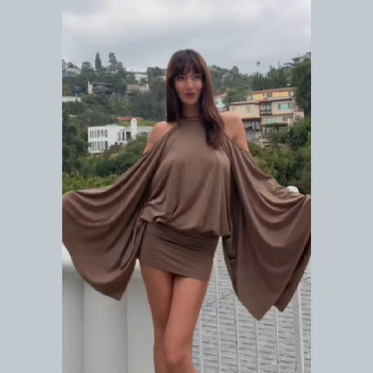 Chiffon Brown Sequin Back Strap Design Off-the-Shoulder Backless Party/Prom Mini Formal Dress