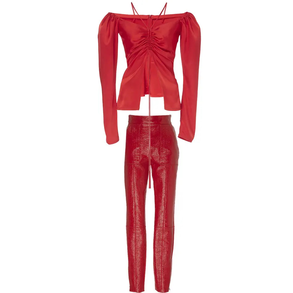 Red Satin Sling Off-the-Shoulder Crop Top + Faux Leather Stitching Pants 2-Piece Set