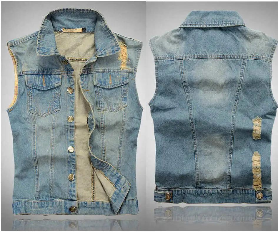 Men Sleeveless Ripped Denim Cowboy Multiple Colors Jean Vests