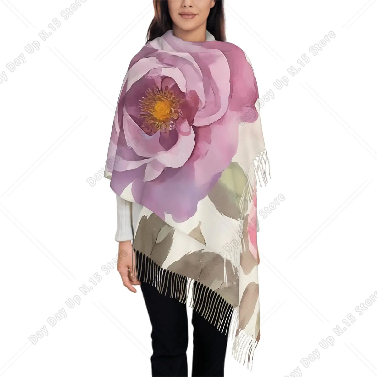 Oversized Heart Breast Cancer Awareness Pink Ribbon Print Tassel Fringe Shawl Scarf