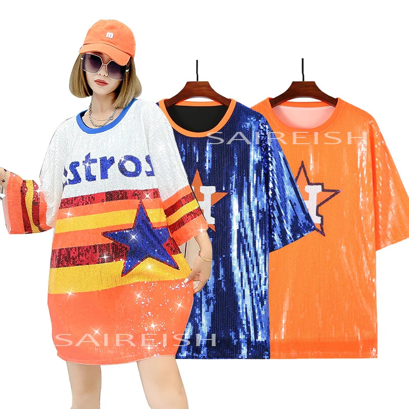 Houston Astros Baseball Sequin Oversized Jersey Mini T-Shirt Dress