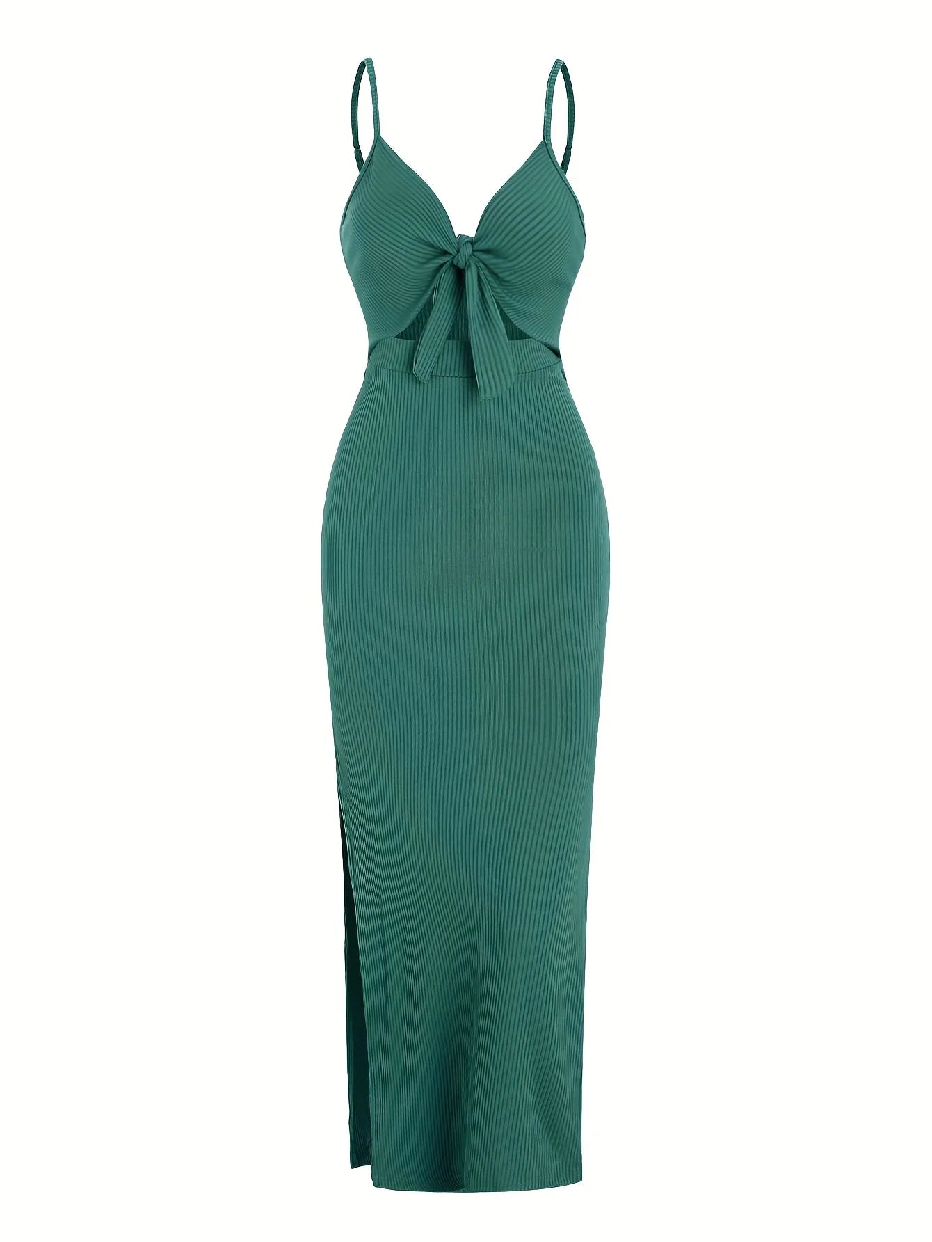 Ribbed Bowknot Design Spaghetti Strap V-Neck Knitted Sleeveless Solid Color High Slit Maxi Dress