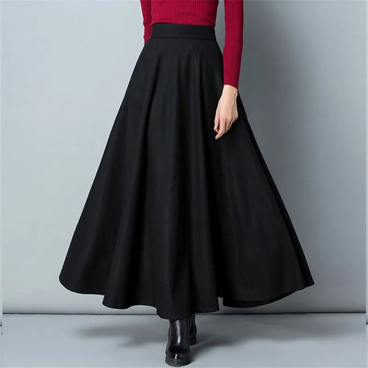 Flared High Waist Solid Wool Elastic A-Line Maxi Skirt