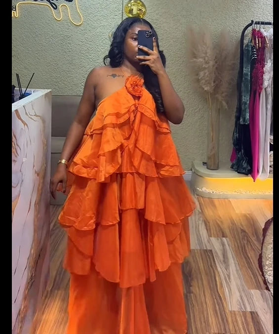 Oversized Tiered Sleeveless Floral Ruffled Design Loose Smock Strap Formal Maxi Dress