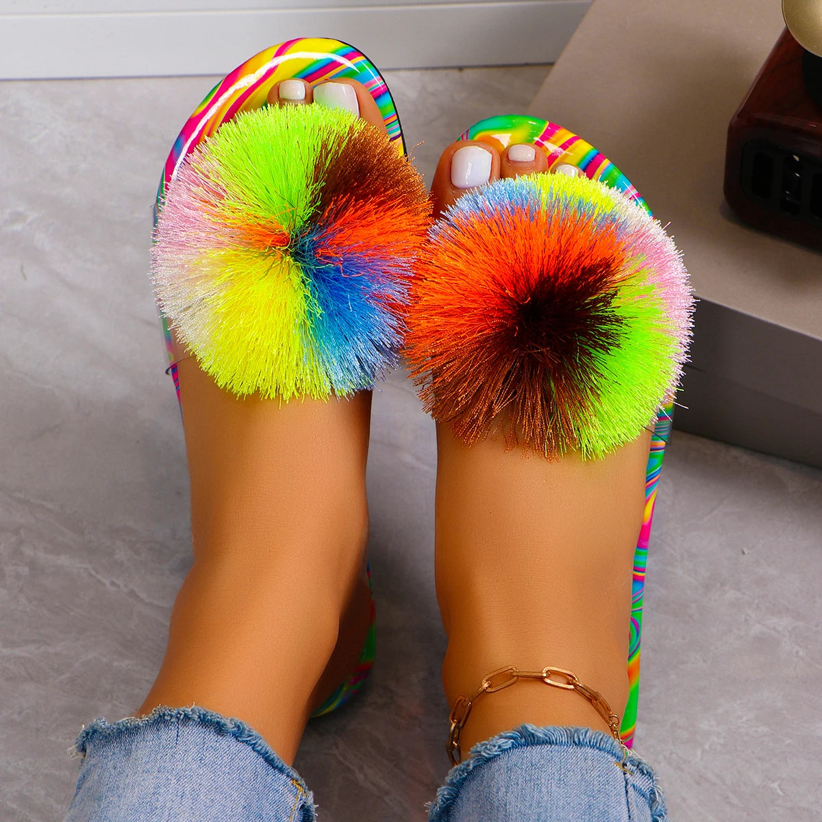 Rainbow Tie-Dye PomPom/Cross Strap Open Toe Flat Ladies Sandals