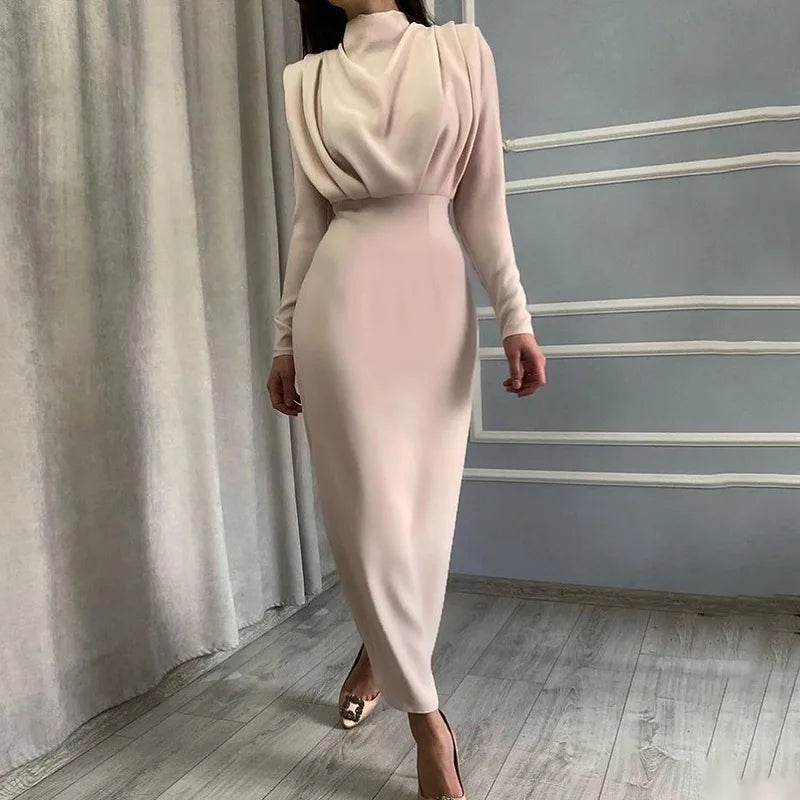 Turtleneck Ruched Solid Color Bodycon Long Sleeve Skinny Maxi Party Dress