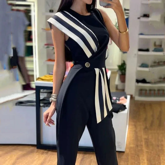 Asymmetrical Striped Sash Round Neck Sleeveless Nipped Waist Jumpsuit