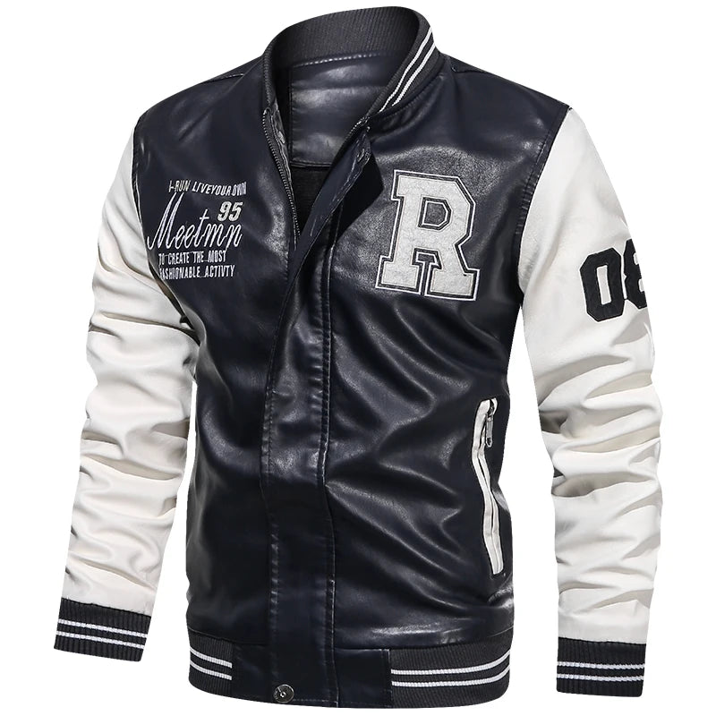 Men's PU Leather Colorblock Letter Print Letterman's Varsity Motorcycle Biker Racing Jacket