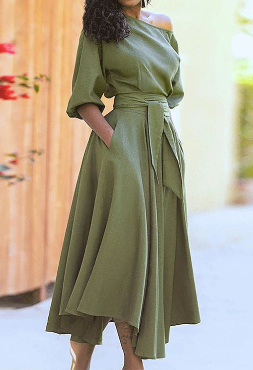 Slanted Neck 1/2 Sleeve Solid Color Sash Belted Flared Asymmetrical Dress