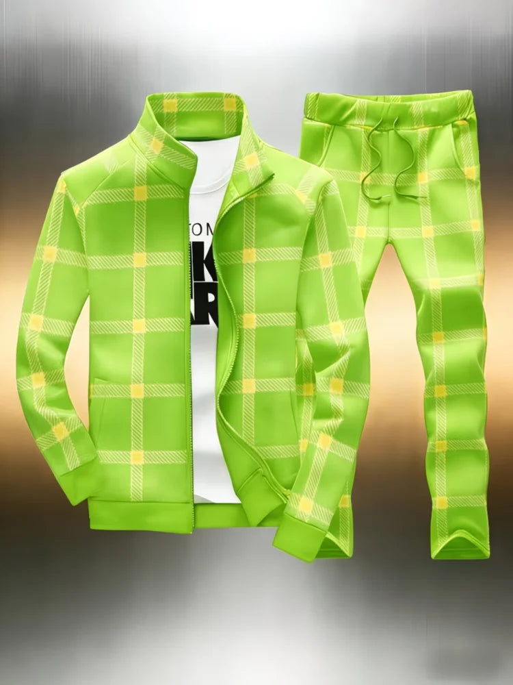 Men's Plaid Print Stand Collar Sports Zipper Jacket + Skinny Drawstring Jogger Sweatpants Tracksuit