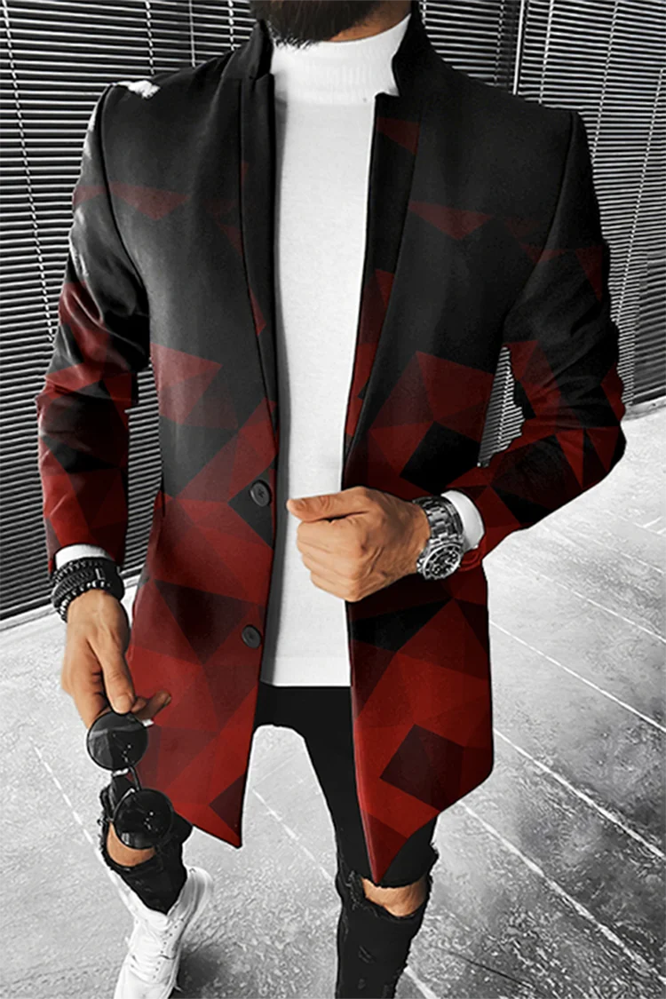 Men's Stand Collar Colorblock/Plaid/Geometric/African 3D Print 3/4 Length Button-Up Jacket 5X Big & Tall