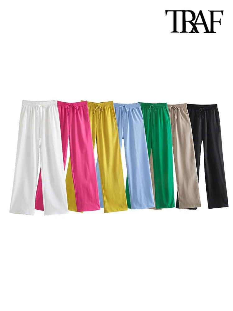 Loose Wide Leg Pants Vintage High Elastic Waist Drawstring Ladies Pants