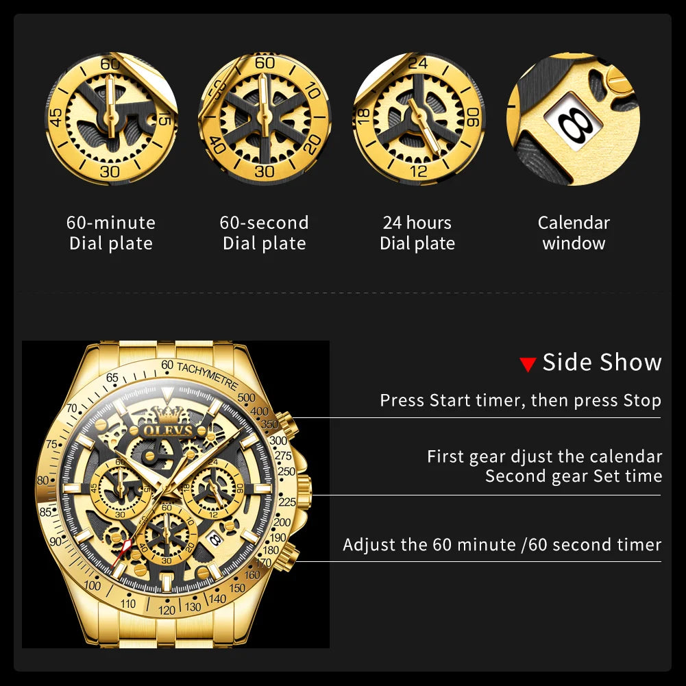 Men's Gold Stainless steel Chronograph Waterproof Luminous Quartz Watch