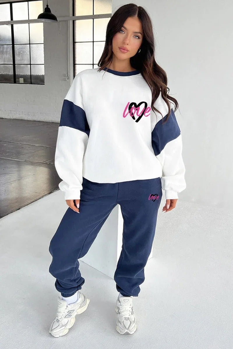 Streetwear Women's Love Heart Colorblock Sweatshirt + Fleece Sweatpants Tracksuit