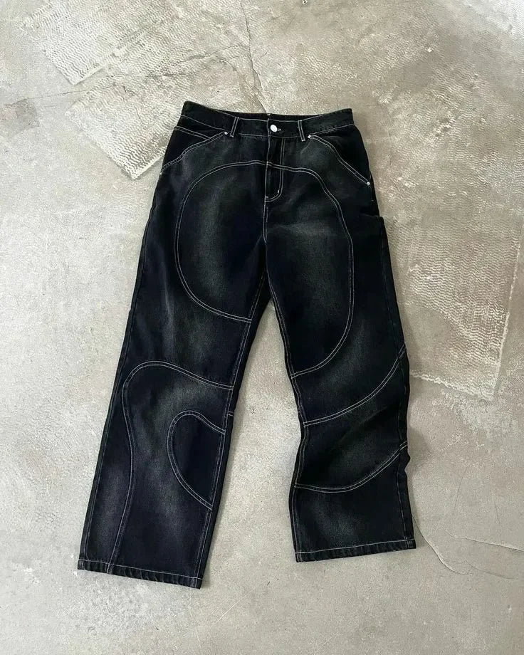 Men's Black Denim Embroidered Swirl Pattern Button-Up Turn-Down Collar Hoodie Jean Jacket + Hip-Hop Streetwear Jeans 2-Piece Set