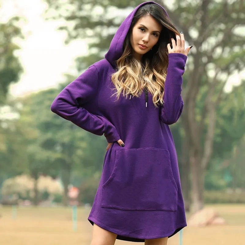 Oversized Pullover Drawstring Solid Color Knee-Length Hoodie Sweatshirt Dress to 3X Plus Size