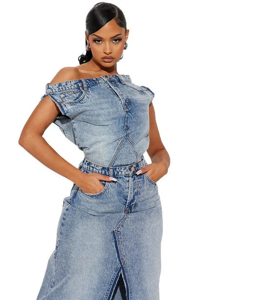 Denim Patchwork Sleeveless Strapless Short Button Open Fork Top + Floor-Length Maxi Skirt Lady 2-Piece Set