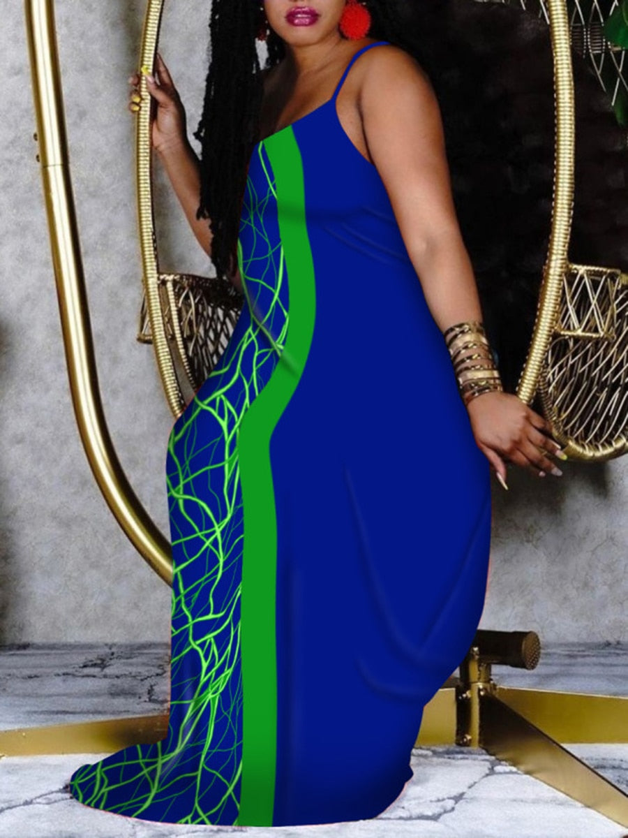 Striped Halter Spaghetti Strap Patchwork Graffiti/ Green & Deep Blue Floor Length Maxi Dress to 5X Plus Size