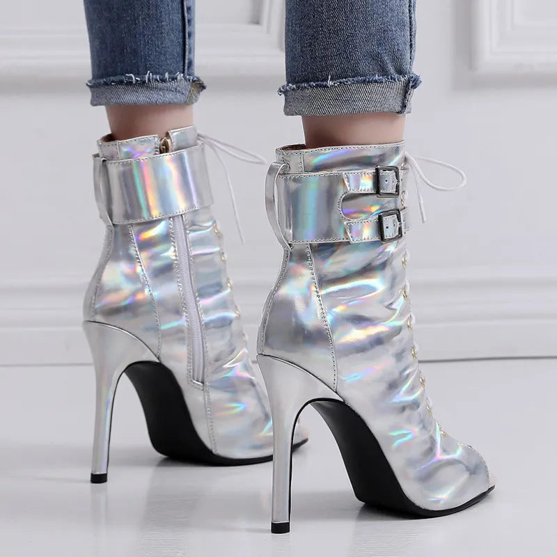 Silver Metallic Latin PU Leather Thin High Heel Salsa Lace-up Ankle Boots