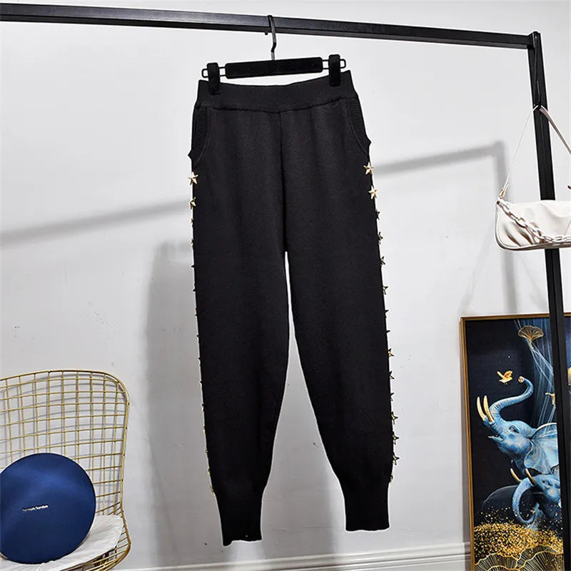 Western Metallic Star Beaded Tassel Knitted Pullover O-Neck Sweatshirt + Women's Sweatpants Tracksuit