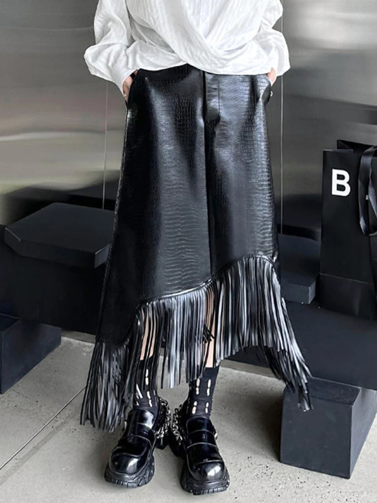 Black Elastic Waist PU Leather Tassels Irregular Midi Skirt