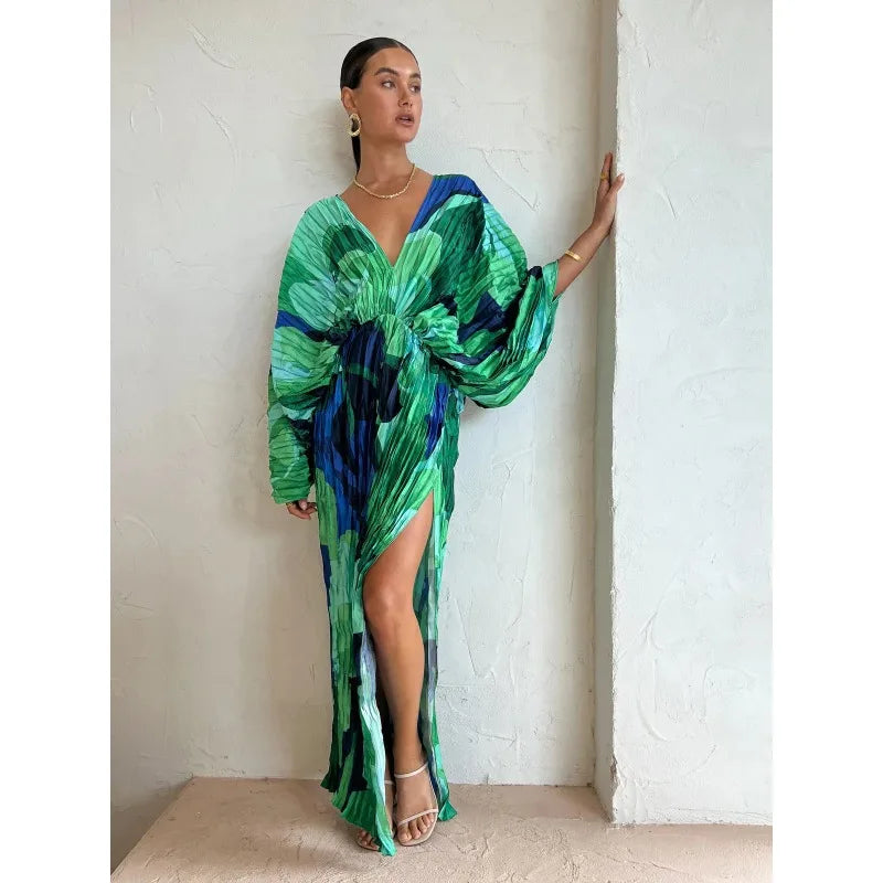 Pleated Green/Blue Geometric Colorblock Long Sleeve Deep V-Neck Corset Print Evening Formal Loose Maxi Dress