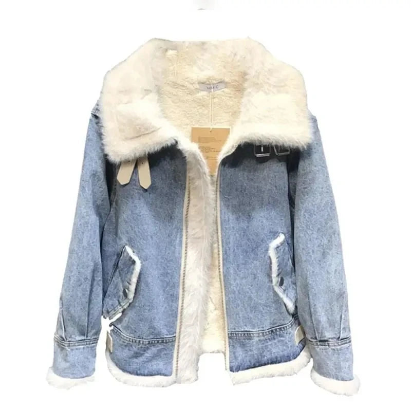 Denim Buckle Strap Detail Turn-Down Collar Wool Lined Pocketed Ladies Bomber Jean Jacket