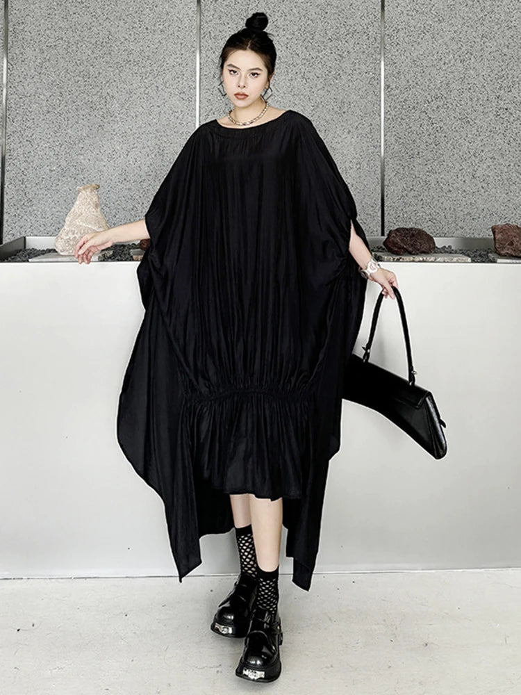 Oversized Black Pleated Irregular Long Dress O-Neck Half Sleeve Dress