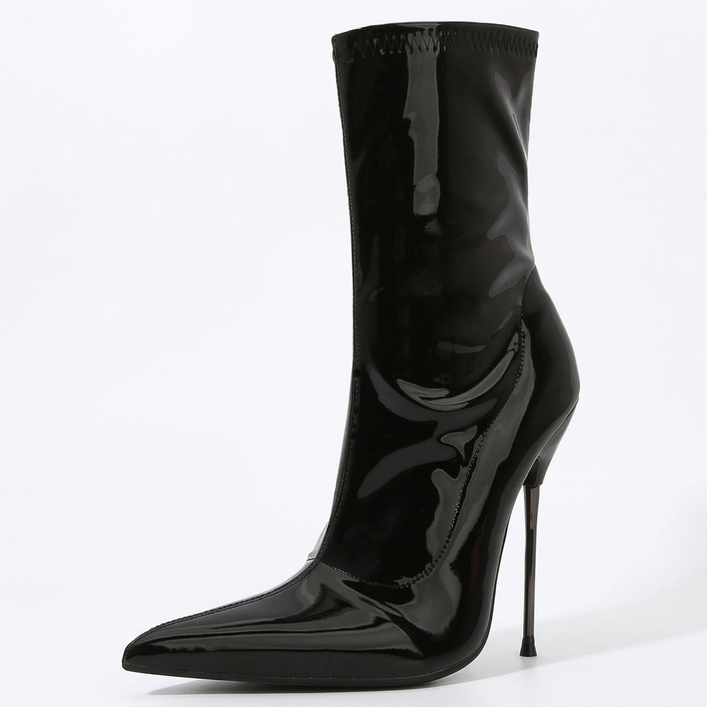 Patent Leather Solid Color Knee-High Pointed Toe Women's Ultra Thin Stiletto Metal Heel Wide Calf Boots