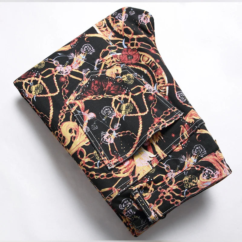 Men's Floral Multi-Colored Baroque Print Ruched Skinny Jeans