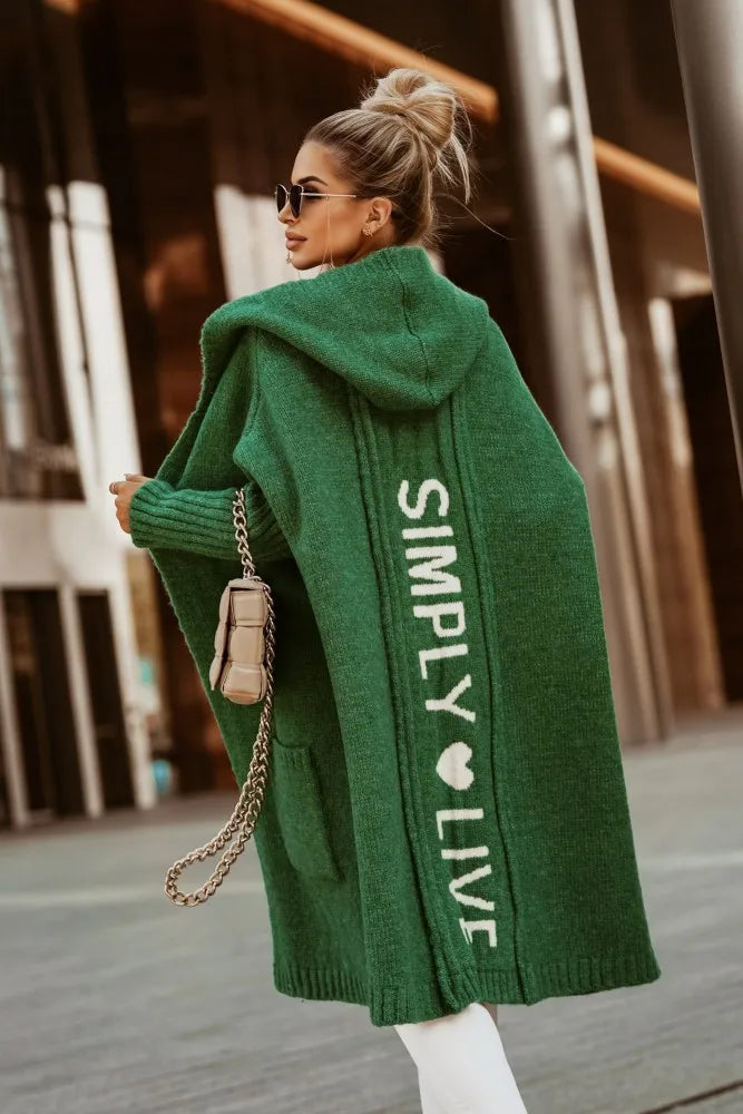 "Simply Live" Letter Heart Print Knitted Maxi Cardigan Hoodie Sweater