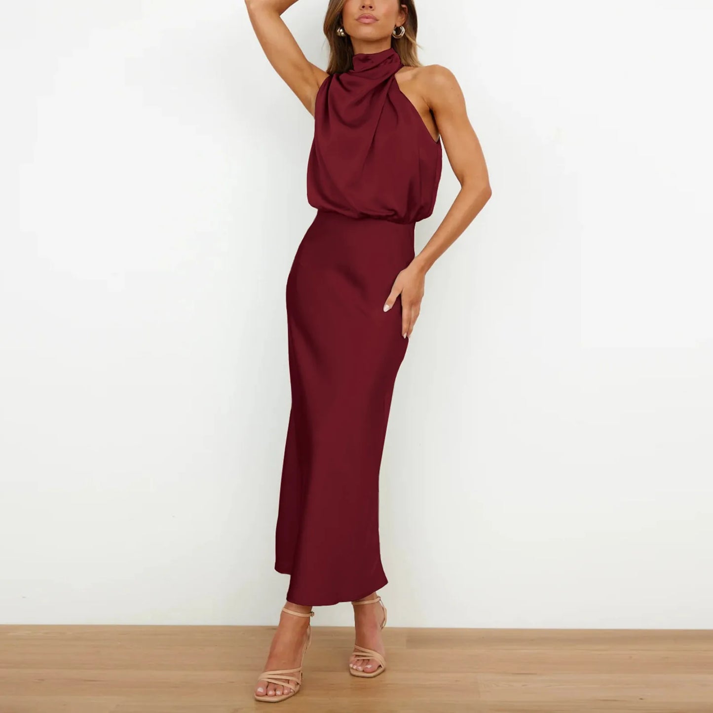 Satin High Waist A-Line  Swing Turtleneck Asymmetrical Sleeveless Formal Dress