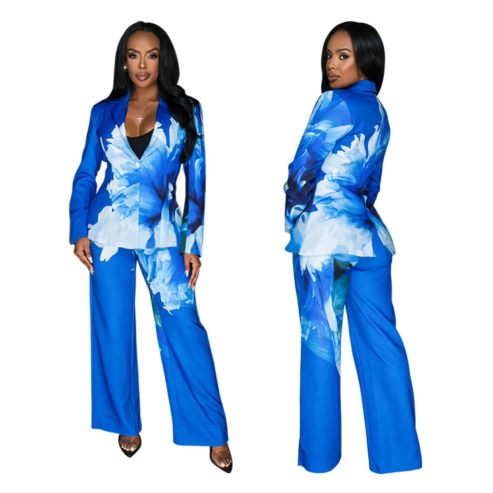 2 Pieces Set Sexy Autumn Winter Fashion Women 2024 Female Tops Flower Long Sleeve Blazers And Pants Suit Matching Sets Outfit