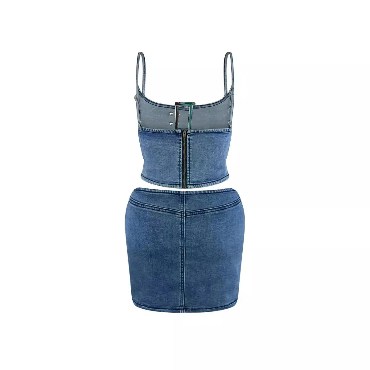 Denim Strapless Belt Buckle Design Crop Top + Matching Mini Skirt 2-Piece Set