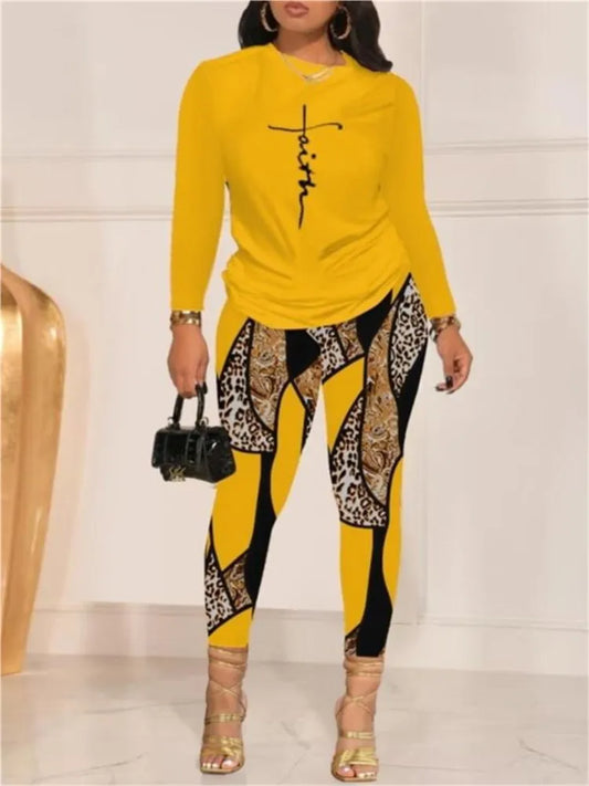 "Faith" Geometric Leopard Colorblock Print Long Sleeve Top & Pencil Pants Skinny 2-Piece Set