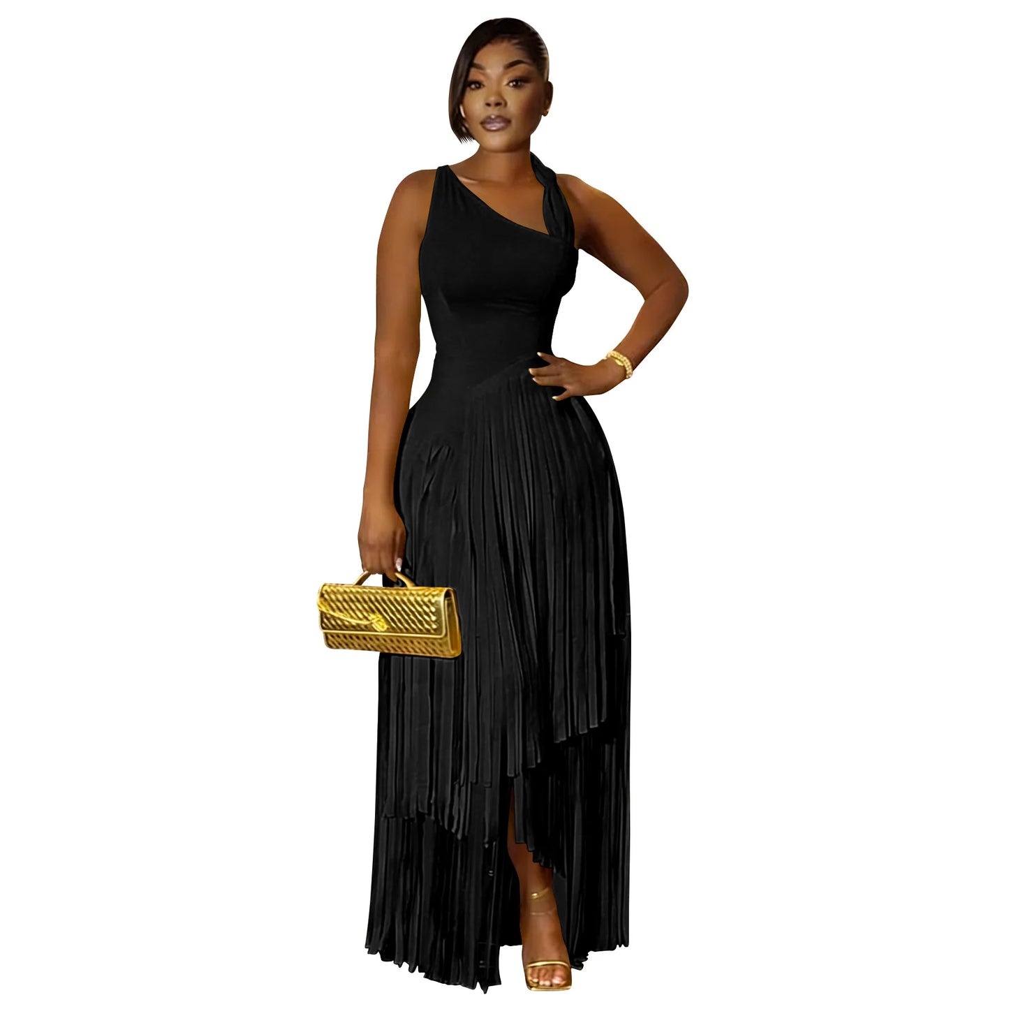 Sleeveless Asymmetrical Tassel Fringe Hem Design Skew Collar Maxi Party Dress