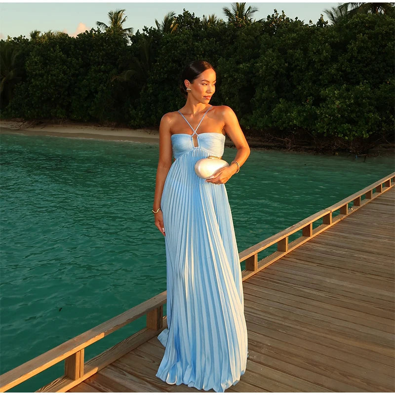 Pleated Halter Spaghetti Strap Backless Sleeveless Beach Maxi Dress