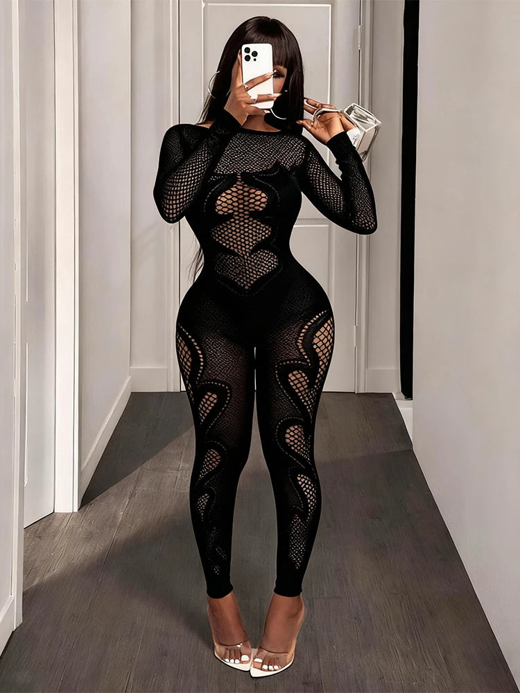 Sheer Mesh Long Sleeve Transparent Hollow-Out Body Stocking Jumpsuit