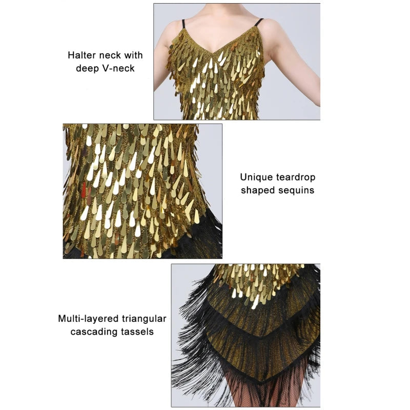 Sparkling Sequined Tassel Fringe Detail Salsa Samba Rumba Tango Latin Dance Flapper Dress