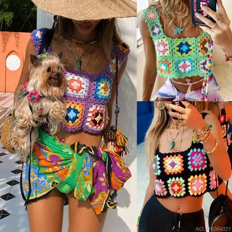 Crochet Multi-Colored Square Flower Design Knitted Square Neck Women's Sleeveless Cropped Tank Top