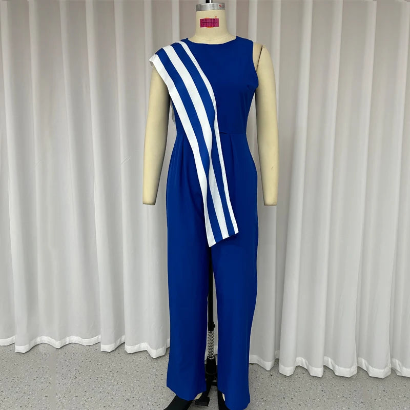 Asymmetrical Striped Sash Round Neck Sleeveless Nipped Waist Jumpsuit