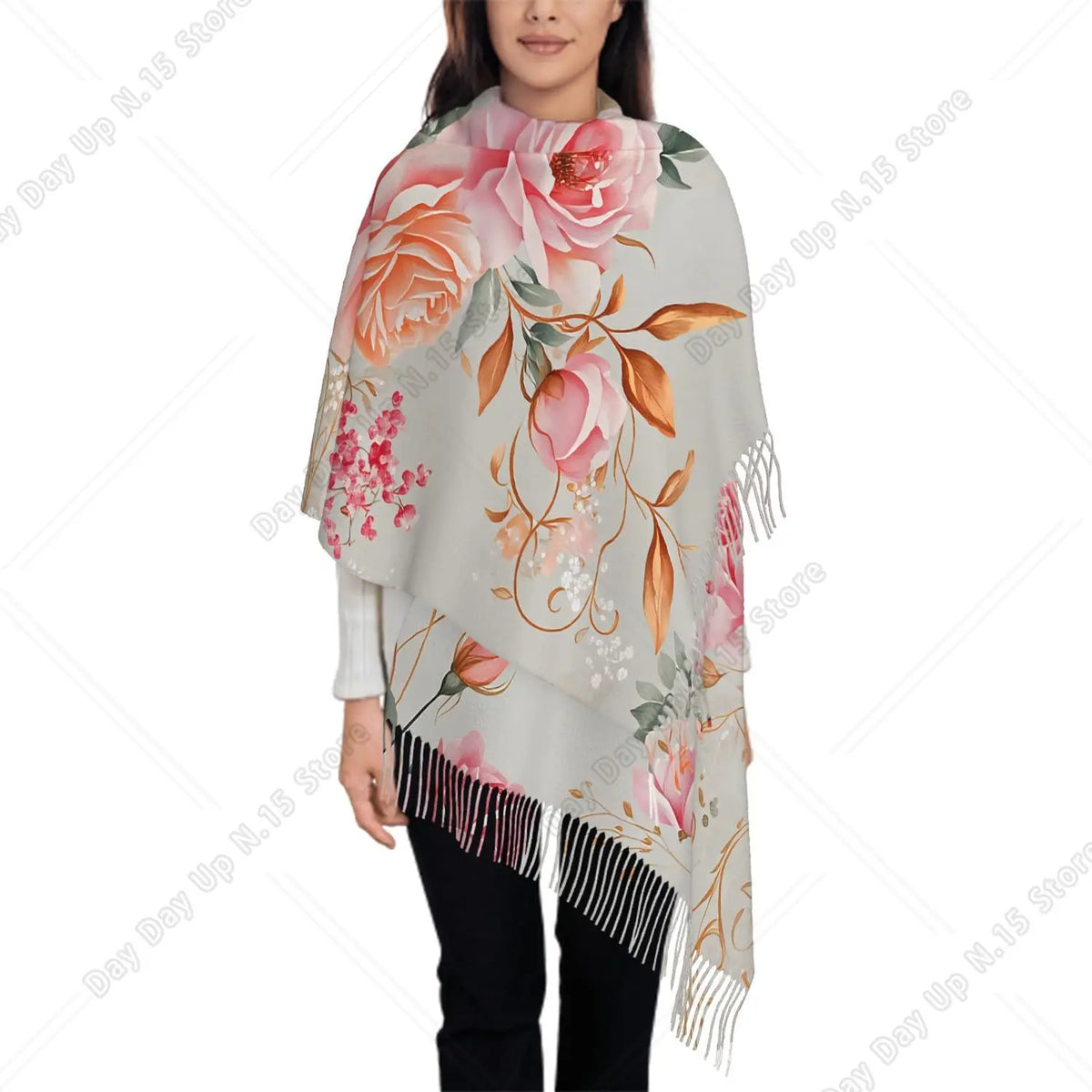 Oversized Heart Breast Cancer Awareness Pink Ribbon Print Tassel Fringe Shawl Scarf