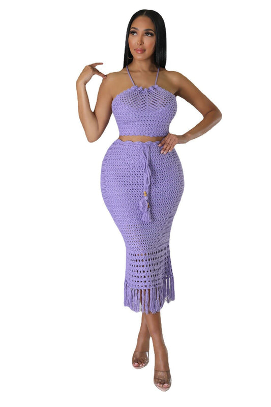 Crochet Halter Top + Tassel Knitted Skirt 2-Piece Set