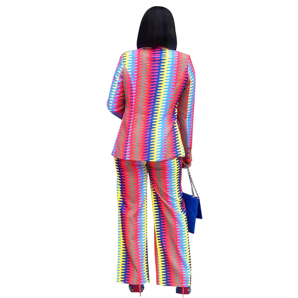 Baroque 2-Tone Contrast/Pink Rainbow Striped Colorblock Print Women's Blazer + Matching Trouser Pants Formal Suit