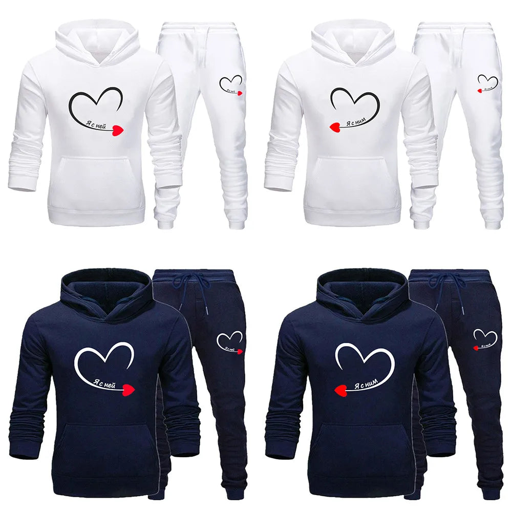 Matching Couples Love Heart Print Lover Hoodie + Pants Tracksuits